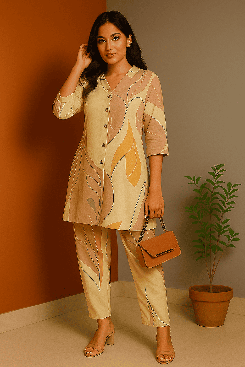 D.Gokuldas NX - Pink and Cream Abstract Cord Set